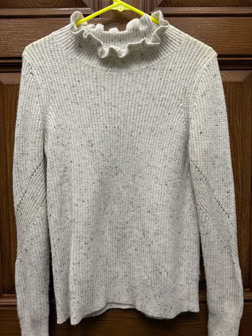 LOFT Cream Ruffle Mock Neck Speckled Knit Sweater